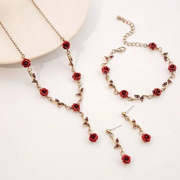 3pcs Set French Retro Romantic Rose Flower Jewelry Set Red/Gold - Picture 1 of 2